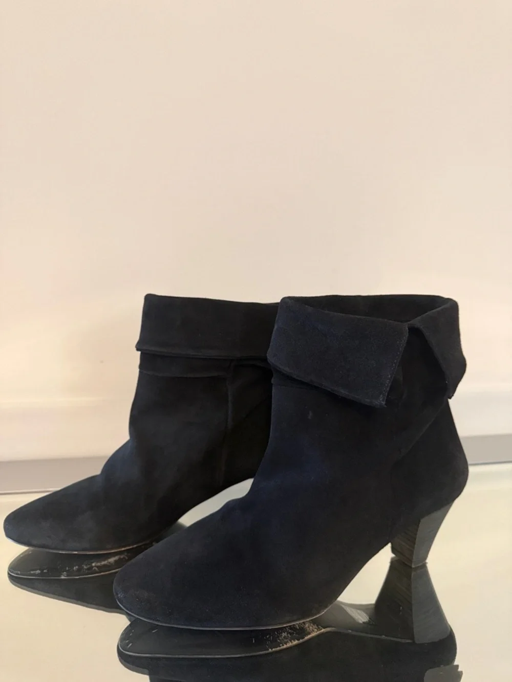 FREE PEOPLE Adella Foldover Suede Booties Black Pointed Toe Block Heel Size 8.5